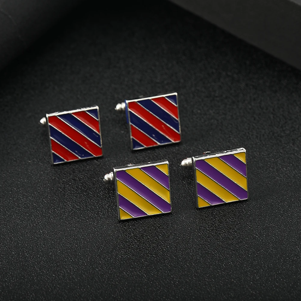 2 Pcs Red And Blue Enamel Square Cufflinks Yellow And Purple Colors Stripe Sleeve Button Mens Boys Shirt Suit Jewelry Wholesale
