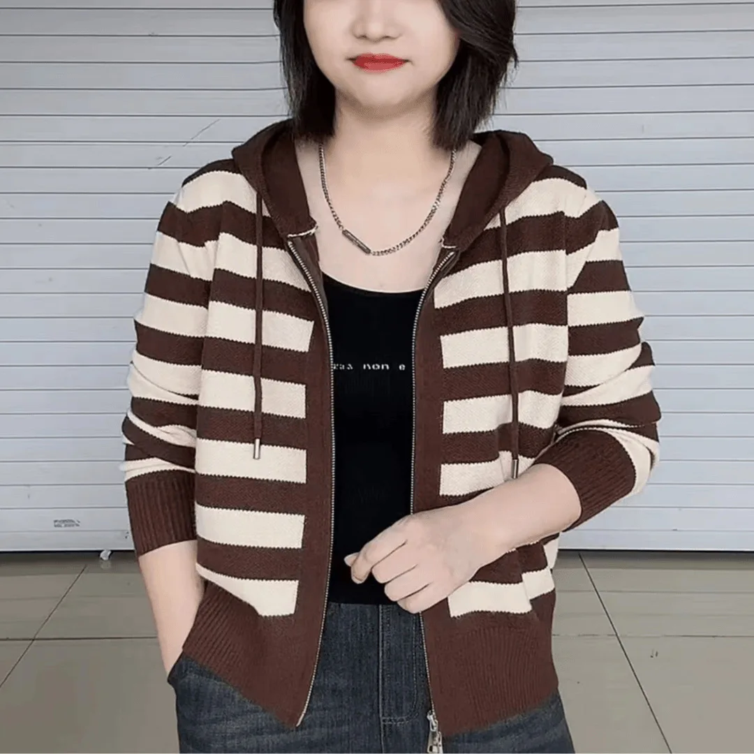 

Internet celebrity new minimalist striped printed temperament cardigan loose casual hooded knitted mom autumn coat