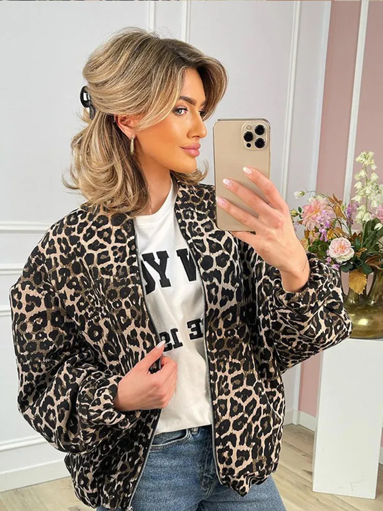 Chic Leopard Print Zipper Short Coat For Woman Fashion Loose Round Neck Long Sleeve Jacket Autumn Winter Warm Street Outerwear