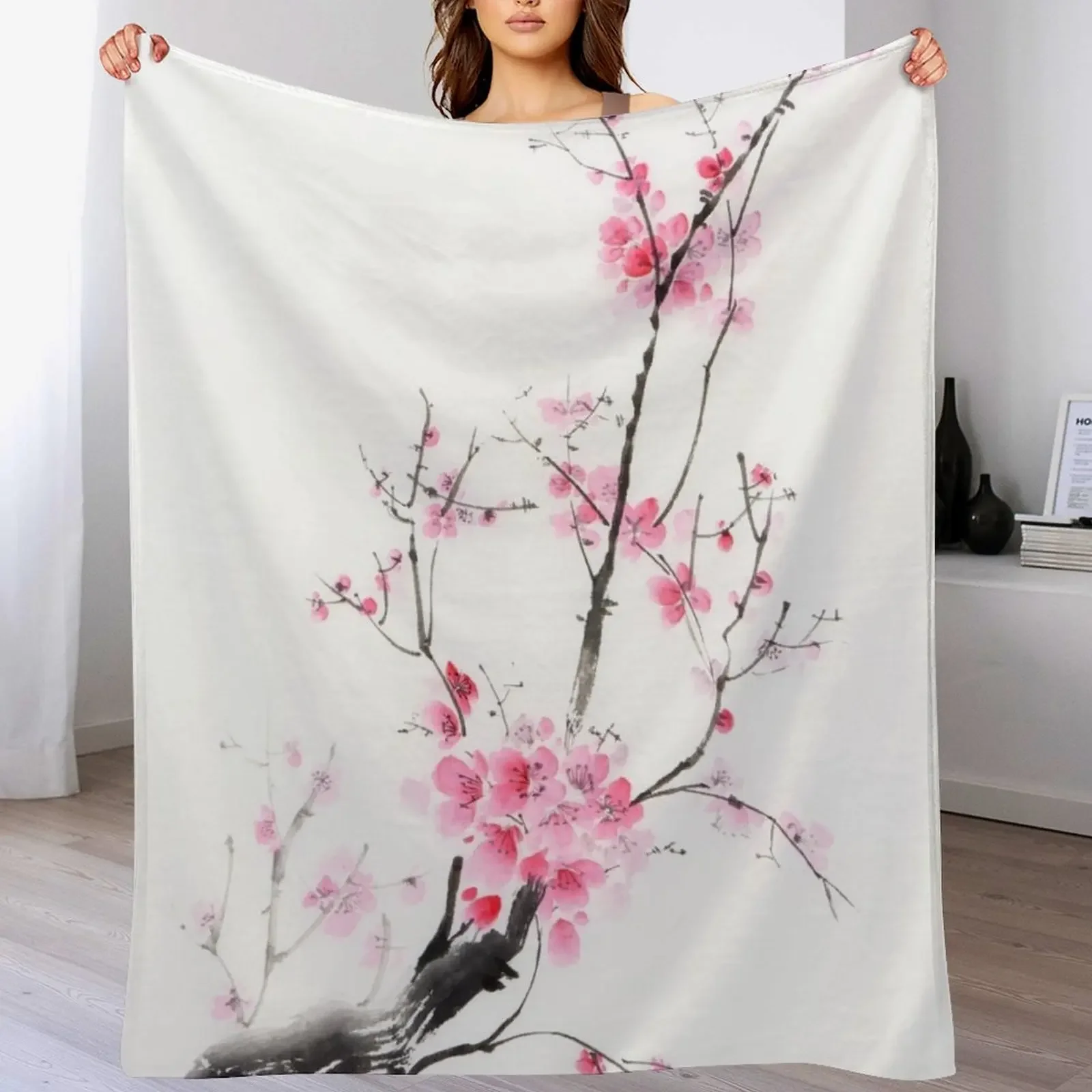 Delicate sakura branch with pink blossoms Japanese Zen sumi-e painting on white rice paper art print Throw Blanket