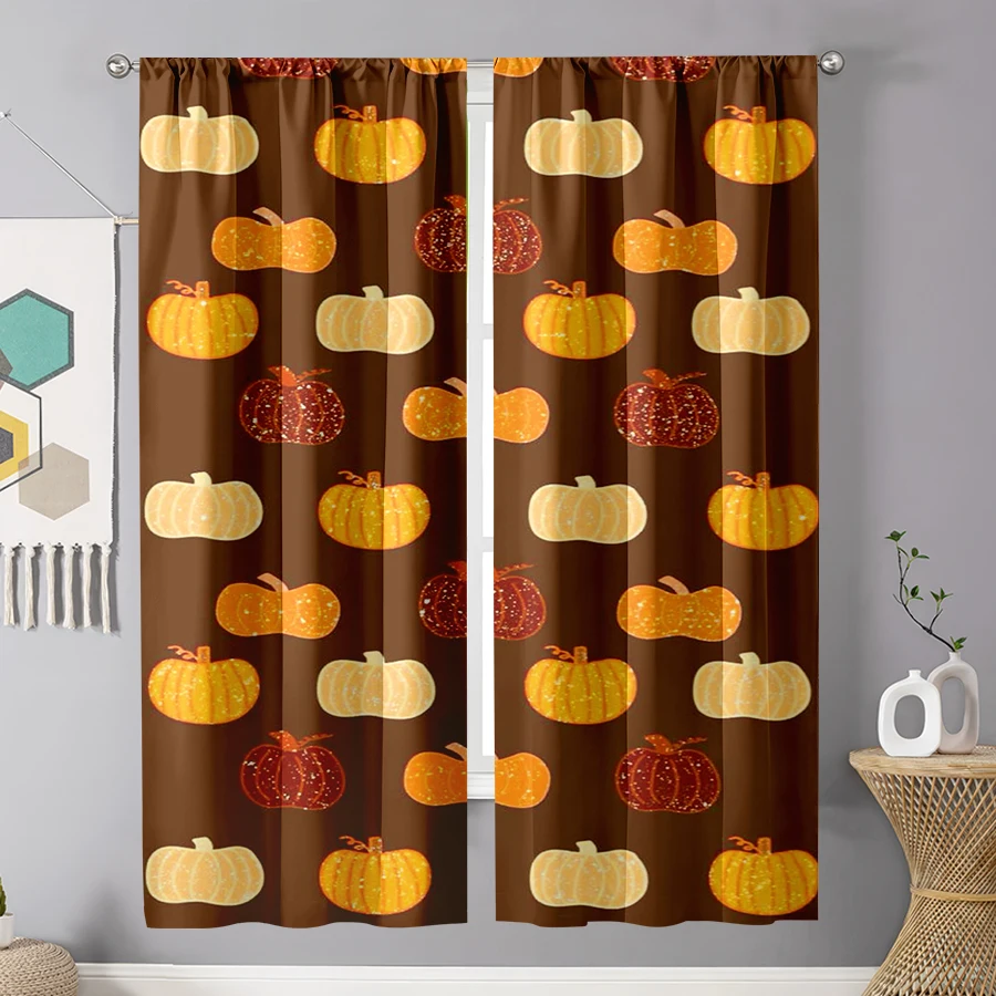 2PCS Digital Print Curtain, Various Pumpkins Pattern Repeat, Brown Background Fall Harvest Style for Living Room Bedroom Decor