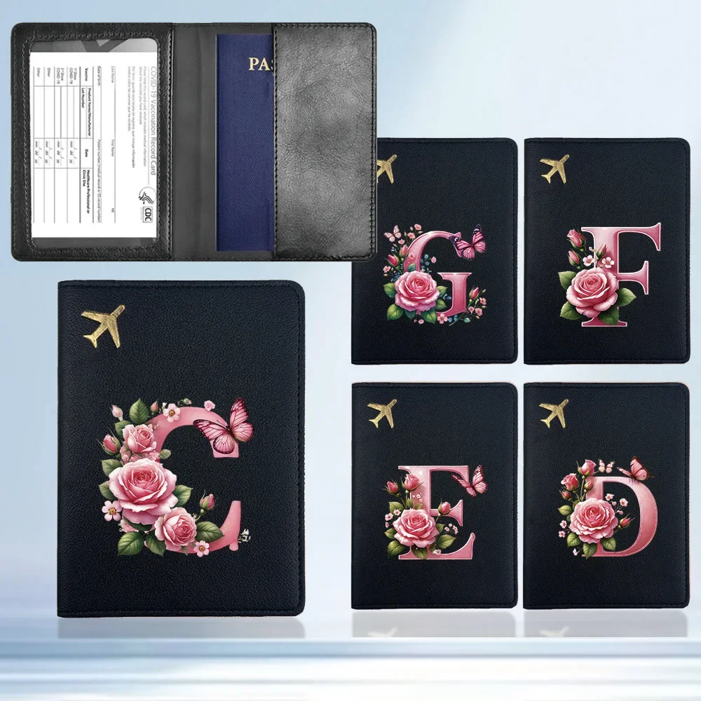 

Portable Premium PU Passport Set Durable Folding Passport Holder Pink Butterfly Initial Name 26 Letters Pattern