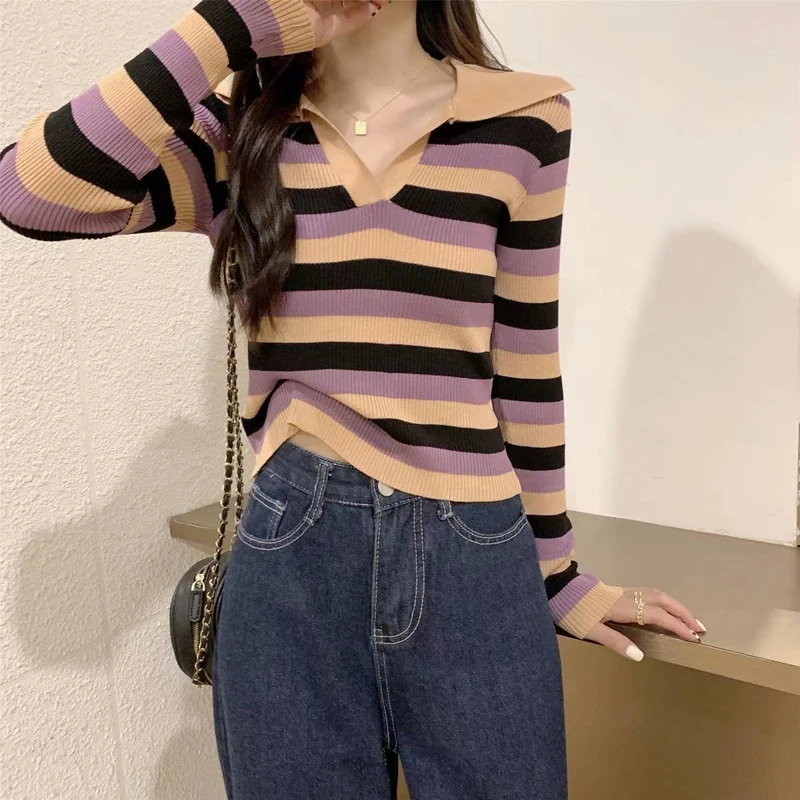 2024 New Autumn Fashion Bottoming Shirt Women\'s Striped Sweater Trendy Women\'s Sweater Long Sleeve T-shirt Top