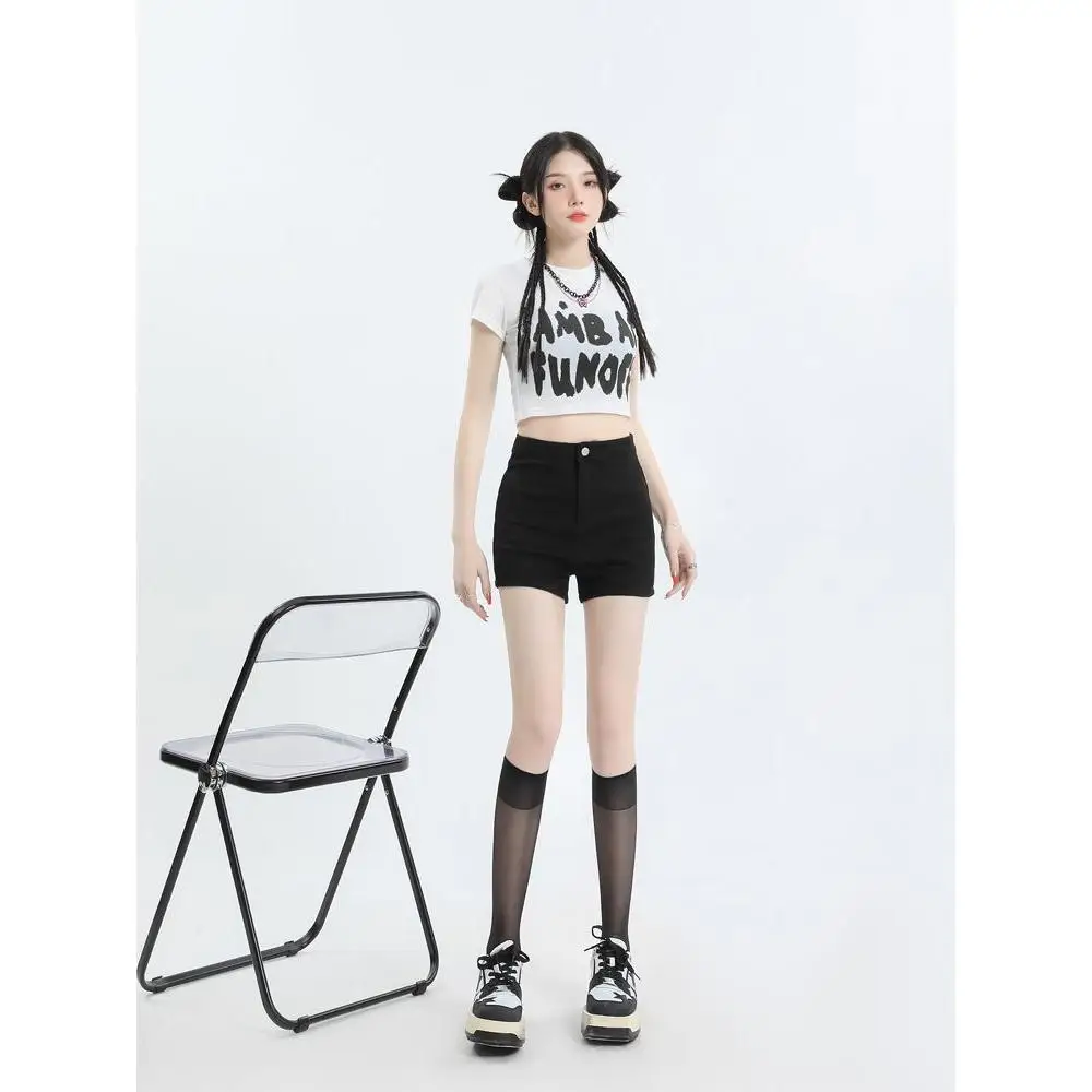 

High Waist Denim Shorts Women's Spicy Red Elastic Tight Summer Korean Style Casual Cotton Polyester Blend Slim Fit Jeans