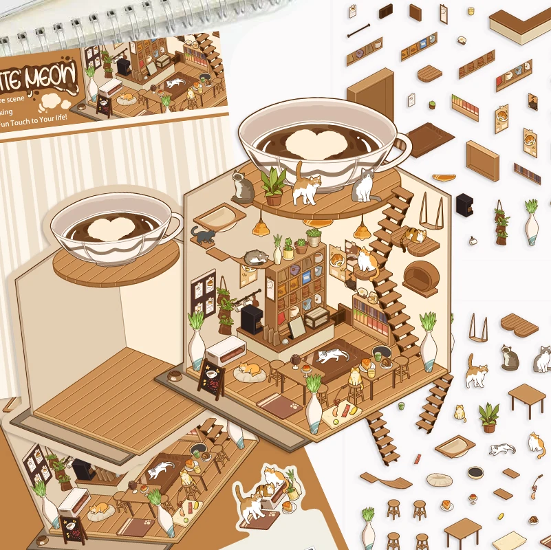 2Pcs Cat Bar, Latte Meow Island Scene 3D Landscaping Stickers DIY Stacking and Pasting Hand Account Cute Gift Animals