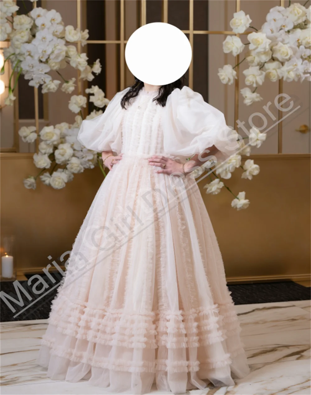 فساتين المناولة الأولى بأكمام قصيرة ورقبة عالية شبكية منفوشة أنيقة لفتاة الزهور مناسبة لحفلات الزفاف #2