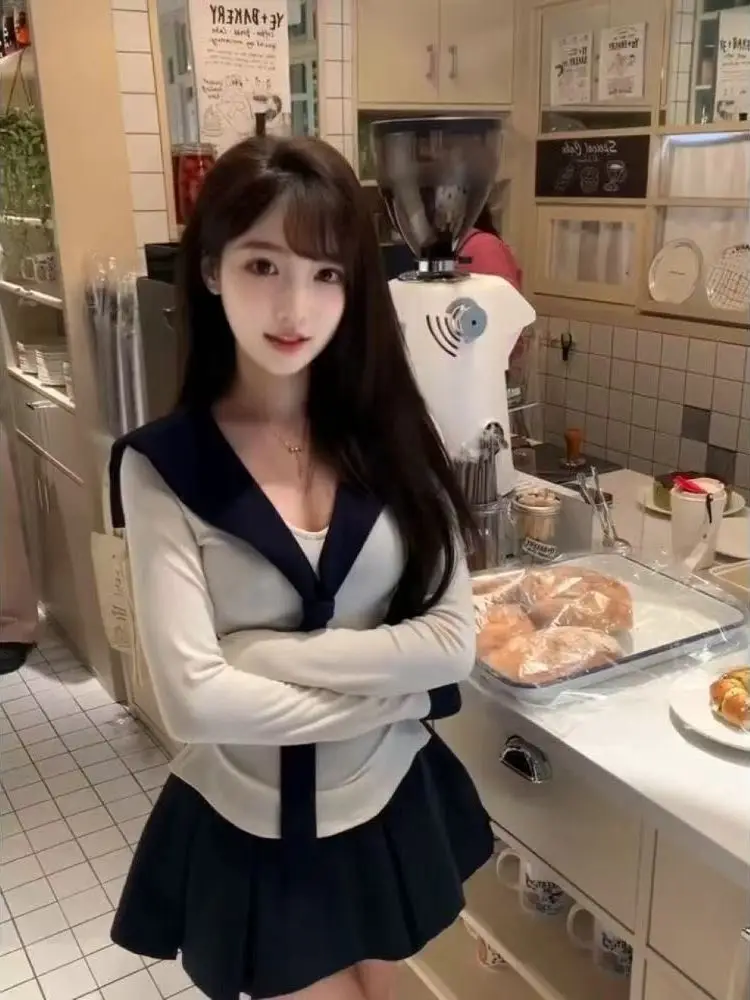 

Spring Early Navy Collar Sailor Suit Slim Fit Jk Set Women's T-irt awl Top Navigation ort Skirt Tee-Piece Set Outfit