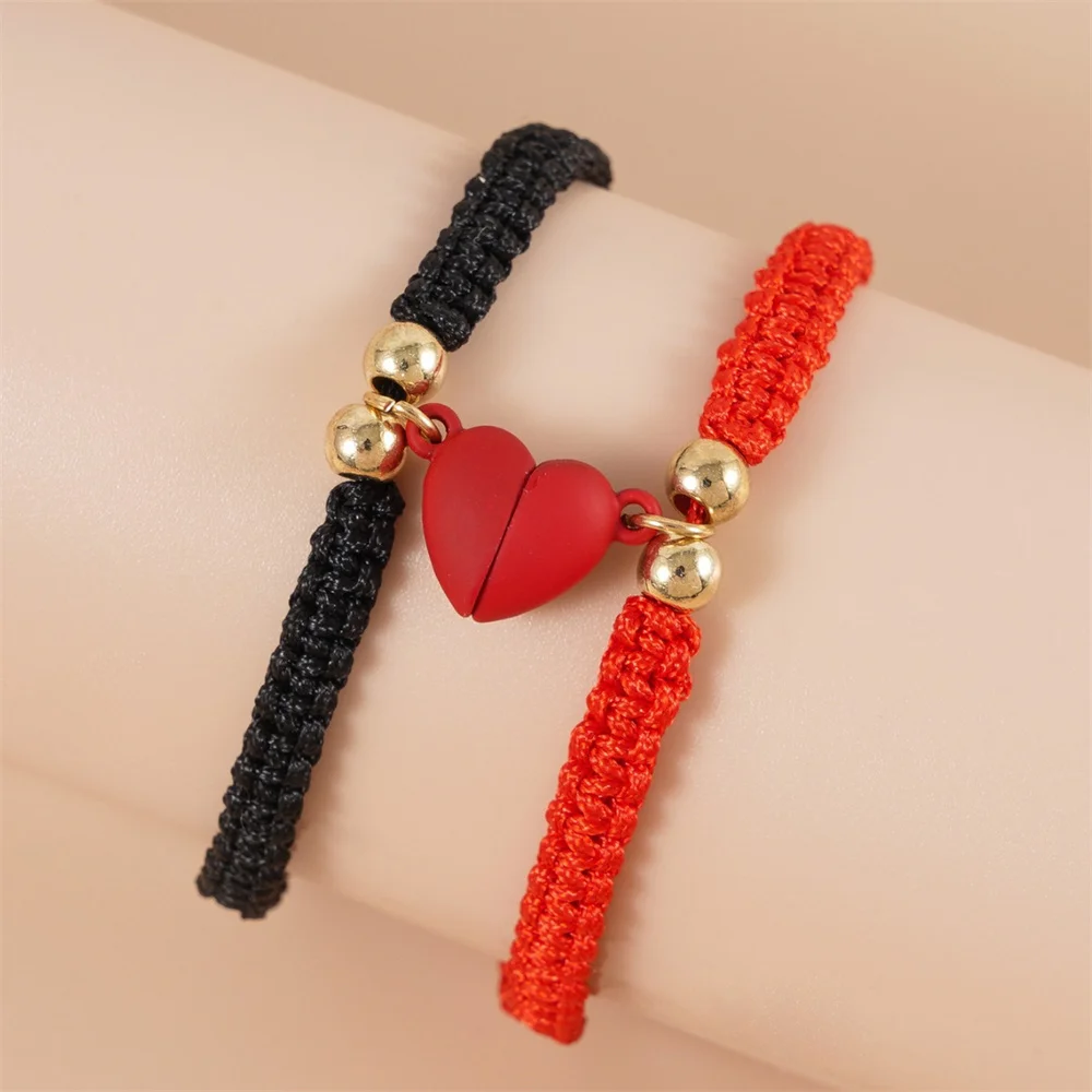 2pcs Hand-Woven Couple Bracelet Magnetic Heart Shape Braid Rope Bracelet Men'S and Women'S Gift for Anniversary Wrist Chain