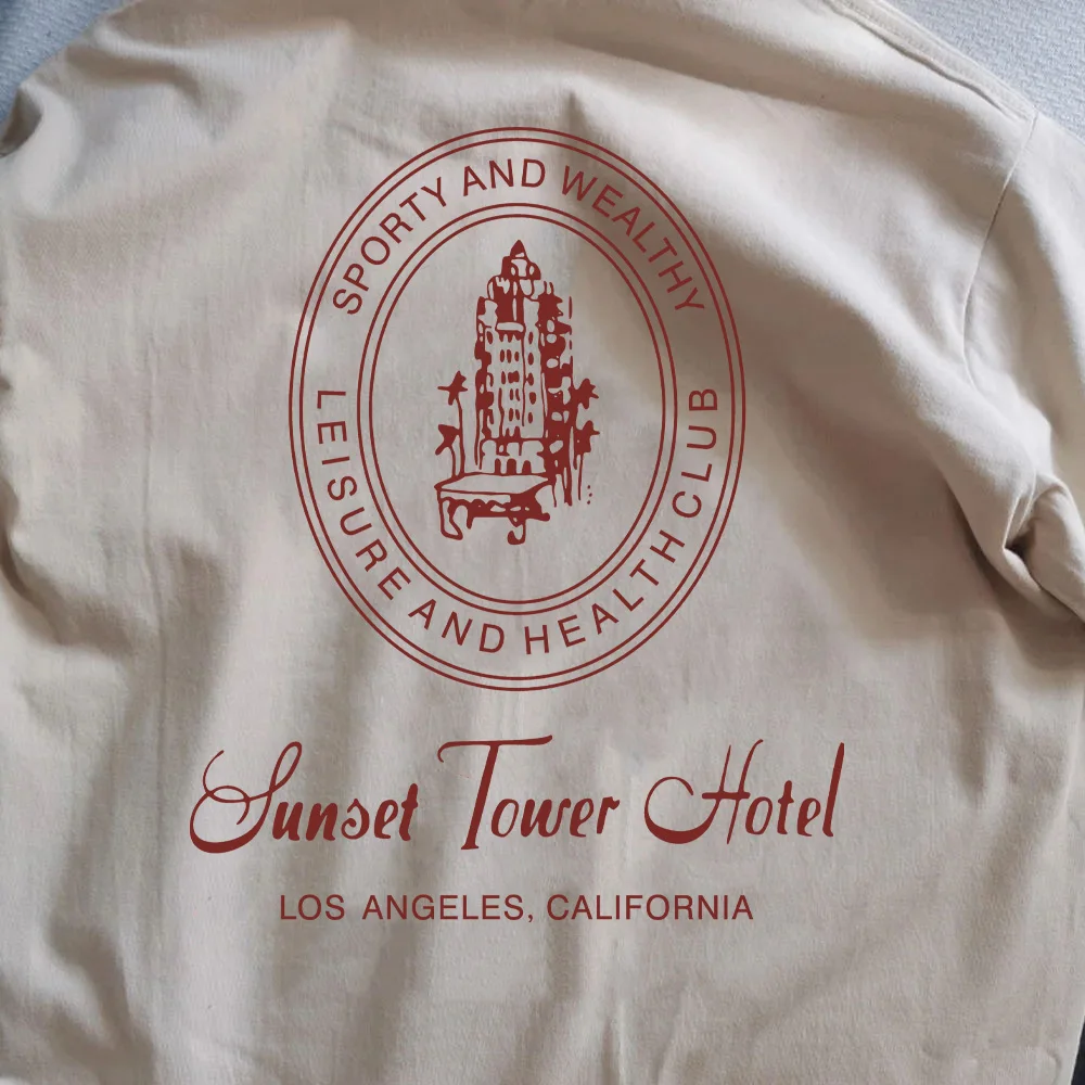 American Vintage Style Sunset Tower Hotel Printing Graphic Tees Khaki Short Sleeve 100% Cotton Tops Summer Women Casual T Shirt