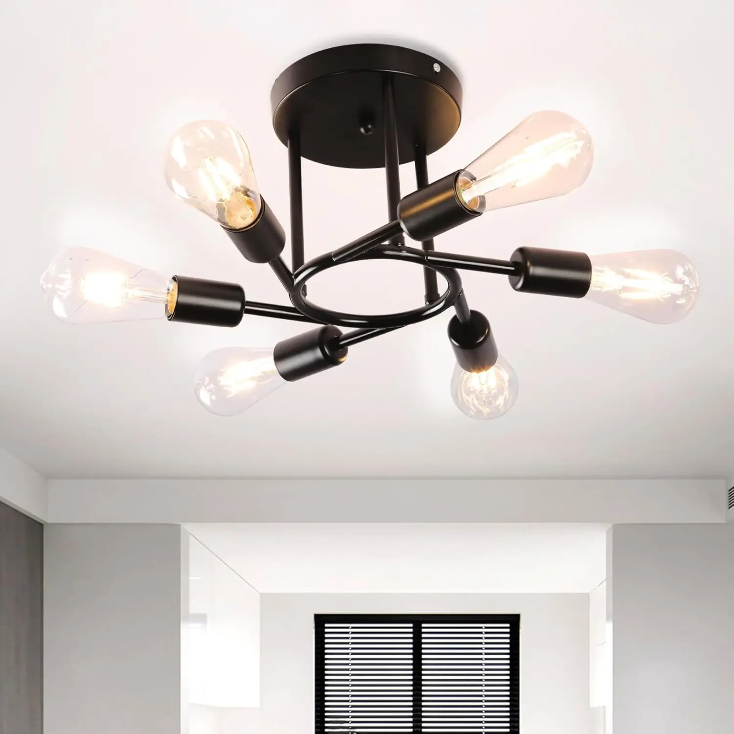 6-Light Semi Flush Mount Ceiling Light, Matte Black Sputnik Ceiling Light Fixture, Modern Farmhouse E26 Chandelier for Kitchen, Dining Room, Living Room, Bedroom