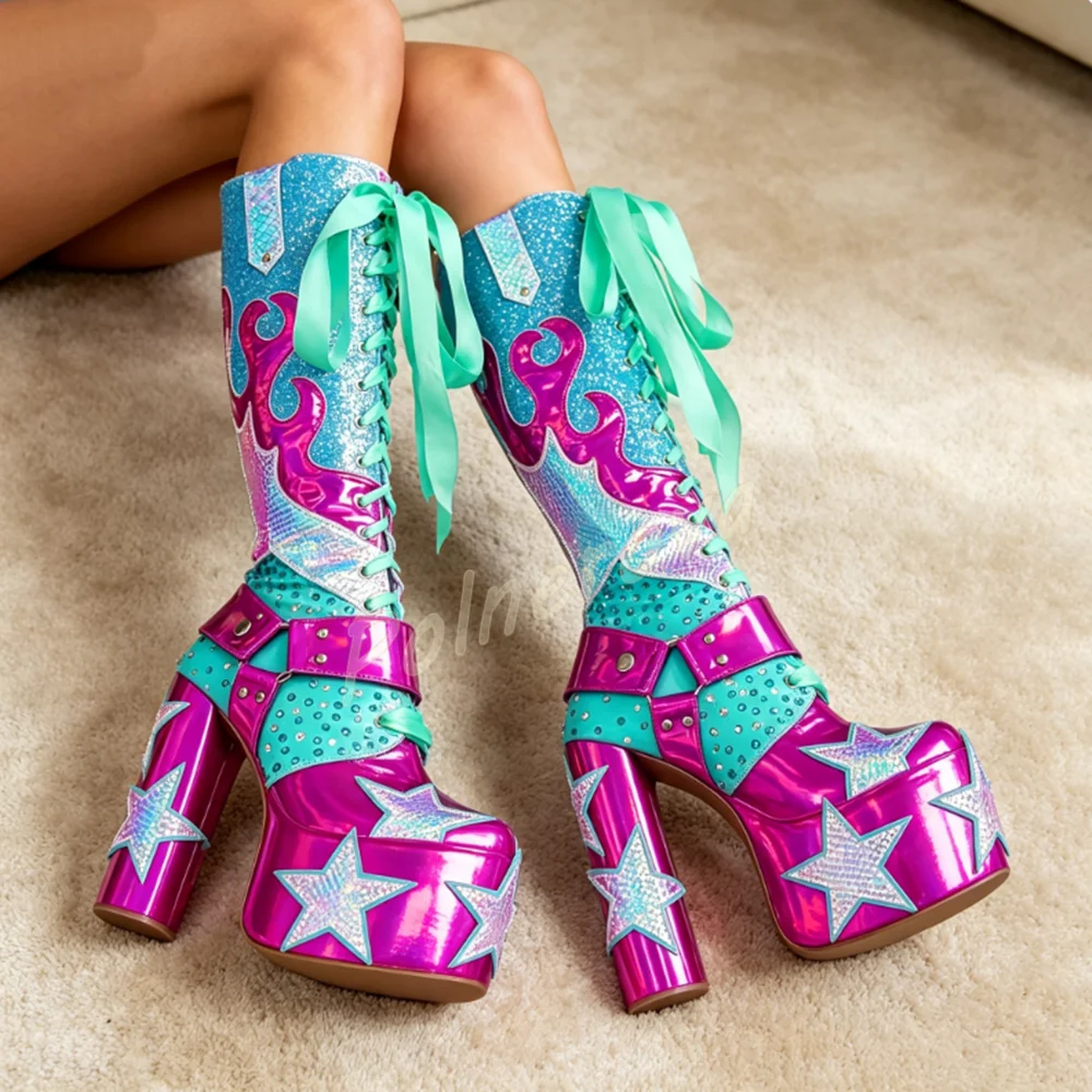 Women Glitter Holographic Boots Knee High Platform Star Patch Rhinestone Long Boots Satin Ribbon Block Heel Winter Party Boots