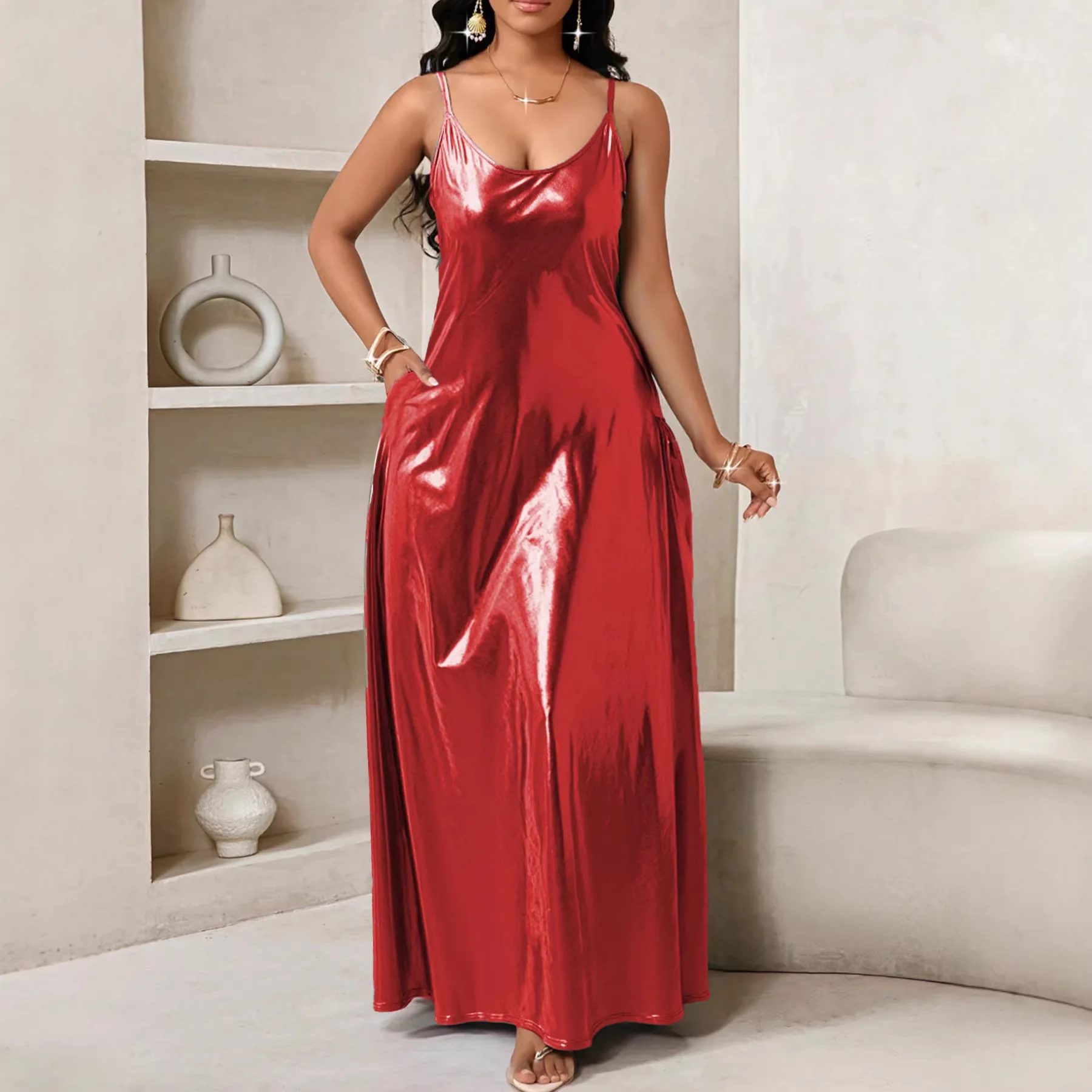 S-5XL Plus-Size-Kleider für Damen, Frühling, Sommer, 2026, modisch, ärmellos, Polyester, Grau, Rot, Blau, Grün, lange Maxikleider, Outfits