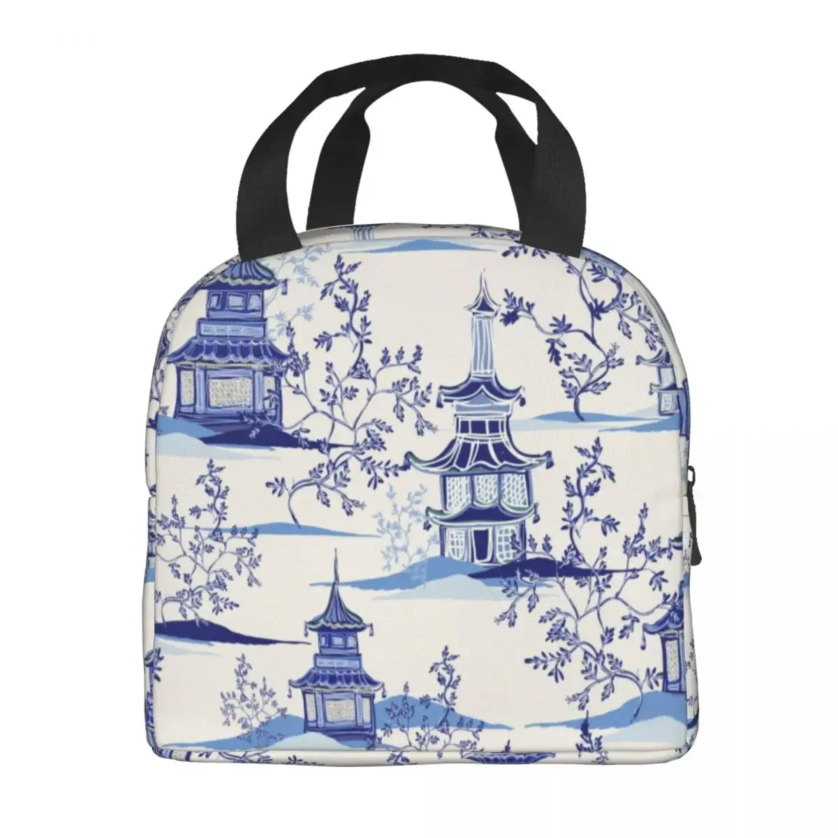 Chinoiserie Tea House Vintage Art Insulated Lunch Bags Women Delft Blue Lunch Container for Kids School Children Food Box