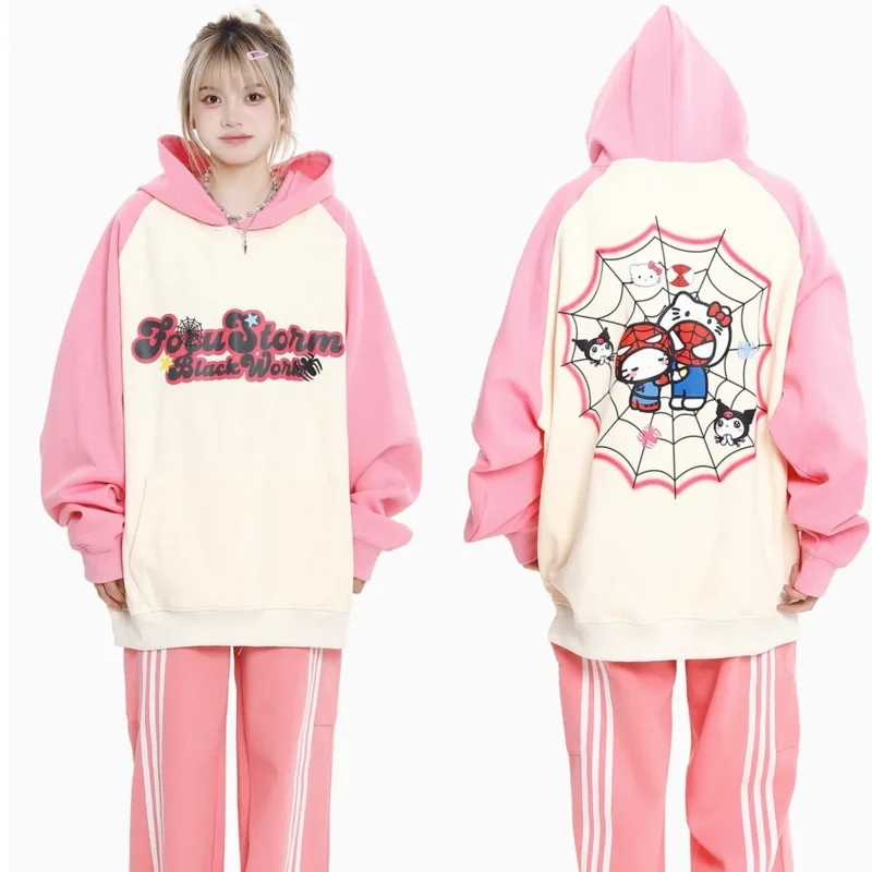 New Spider Sanrio Hello Kitty Print Hooded Women Pullovers Autumn Winter Sweatshirt Dopamine Kawaii Long Sleeve Tops Y2k Clothes