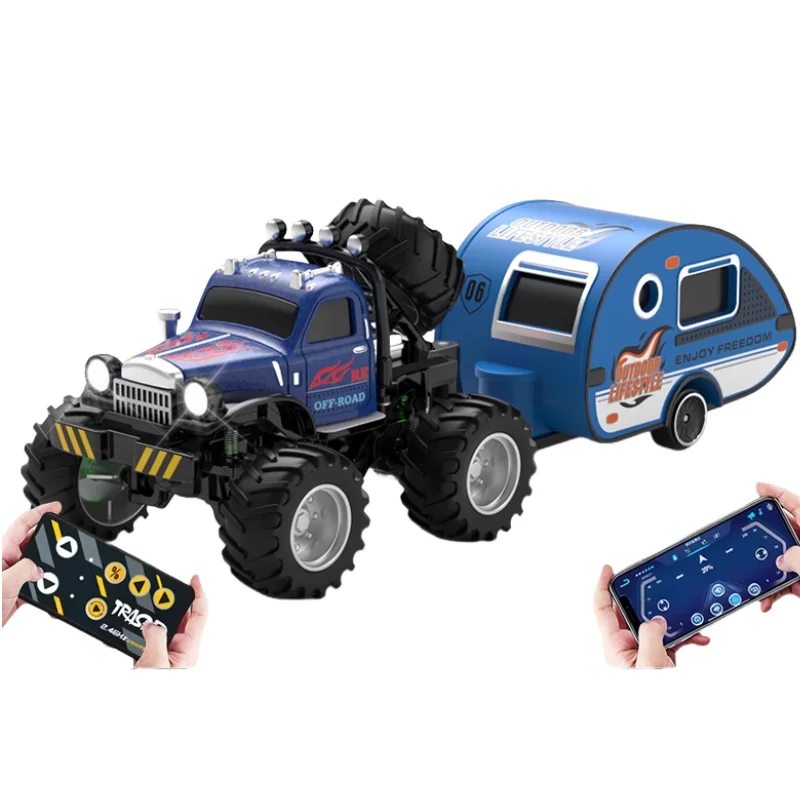 

Mini RC Alloy Off-road Short Card Car With trailer Remote Control LED High Speed Shock-proof Kids Toy Desktop Game Vehicle Gifts
