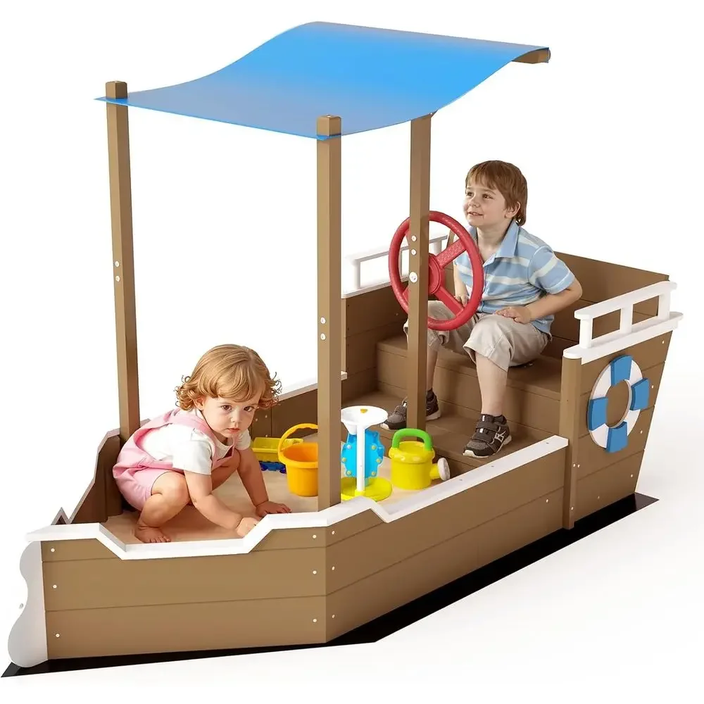 Wooden Pirate Ship Sandbox with Lid, Steering Wheel, Built-in Seats, Storage, and UV-Resistant Roof for Kids Ages 2-8