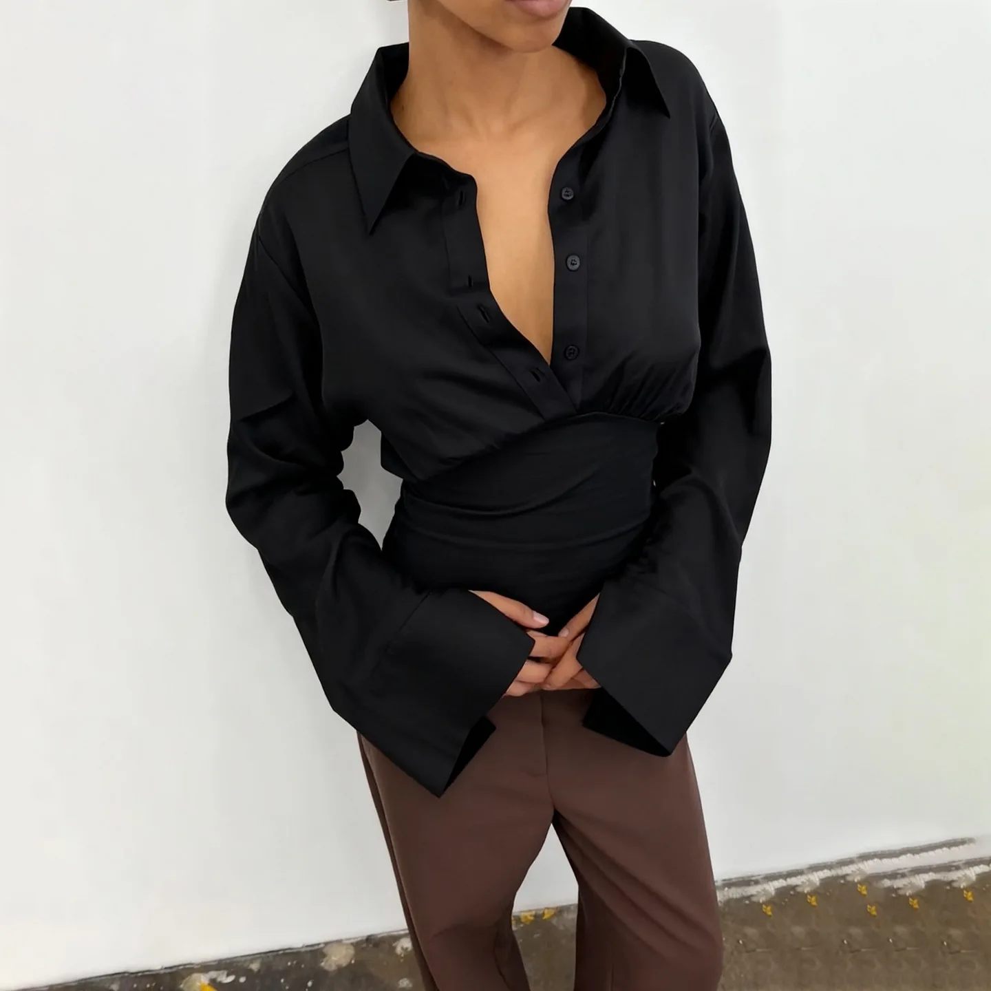 

BKLD Light Mature Style Commuting Pleated Turn-Down Collar Satin Shirts French Temperament Autumn Long Sleeve Single Breasted To