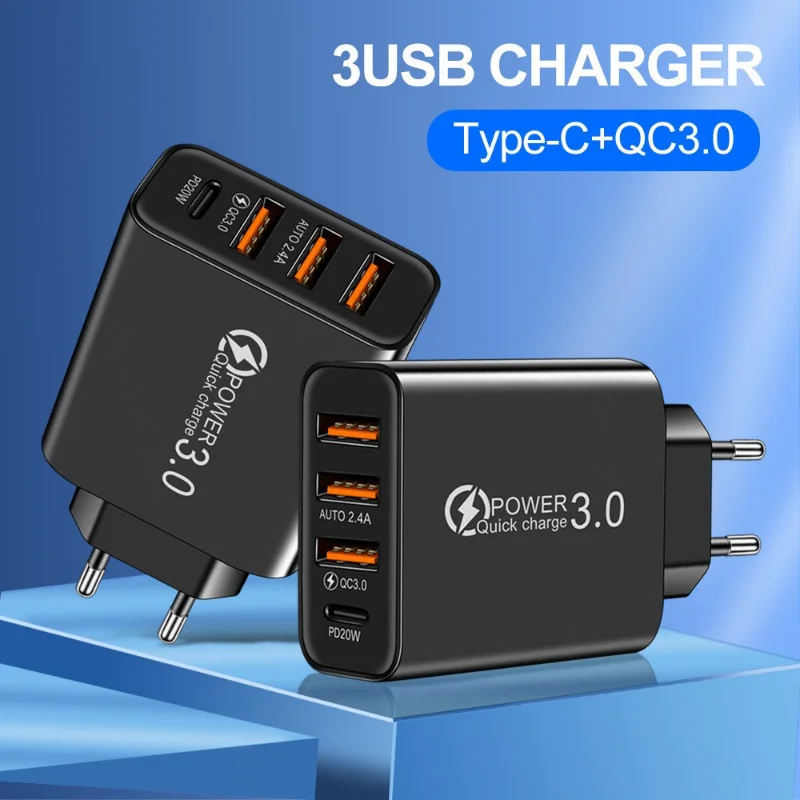 

4 in 1 20W 2.4A USB Charger 3 Ports USB+Type-C Multi Port Charger PD American European Power Adapter Charging Head for Huawei