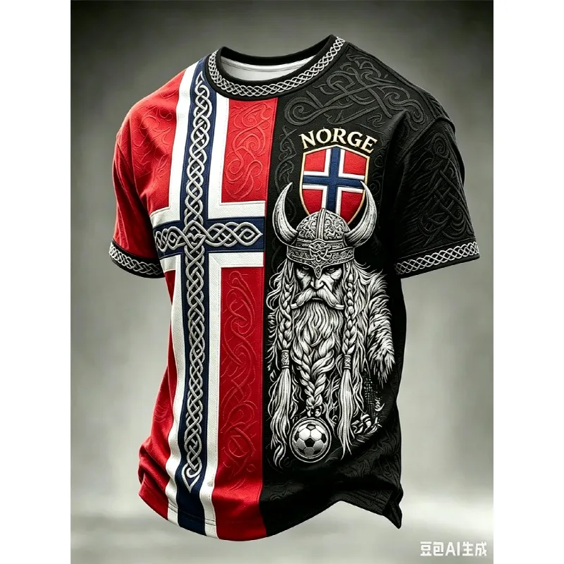 Unisex Norge Viking Warrior 3D Football Jersey Nordic Knot Norway Split Color Short Sleeve Soccer Fan Casual Streetwear Tops