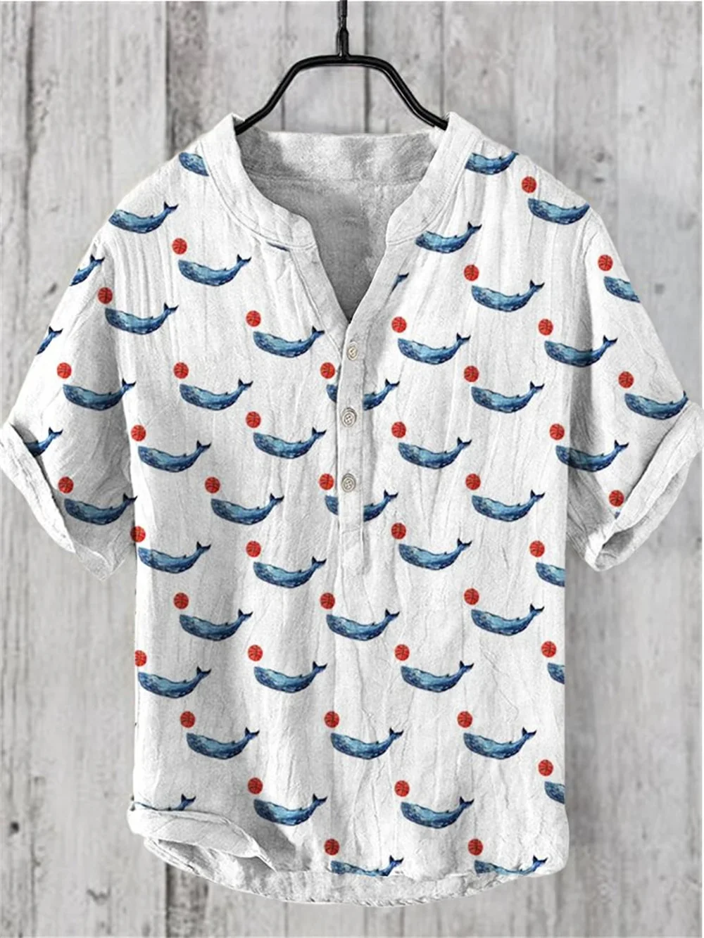 Camicia da uomo hawaiana Henry Collar, stampa digitale 3D, motivo a gatto, camicia a tre bottoni, camicia traspirante in lino Casual all'aperto