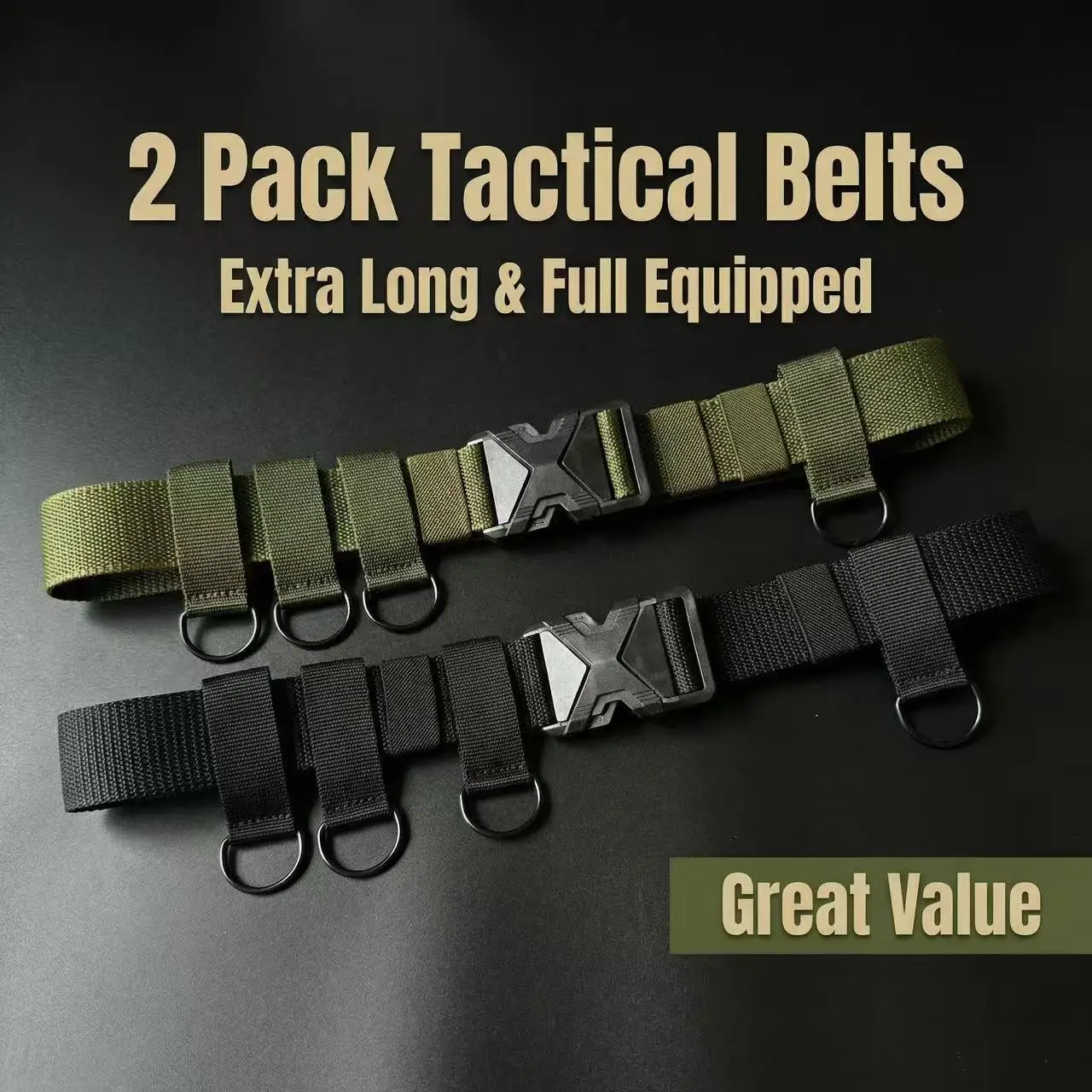

2PCS Extra Long Tactical Belt for 400lbs+ Men, Heavy Duty Tactical Webbing with D-Rings longest tactical belt available for work