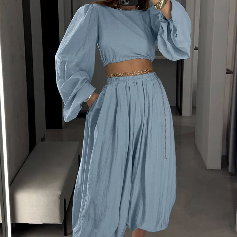 

Women Sexy Crop Top+Pants Two-piece Set Fashion Solid Color Backless Home Leisure Suit Casual O-neck Lace Up Long Sleeved Outfit
