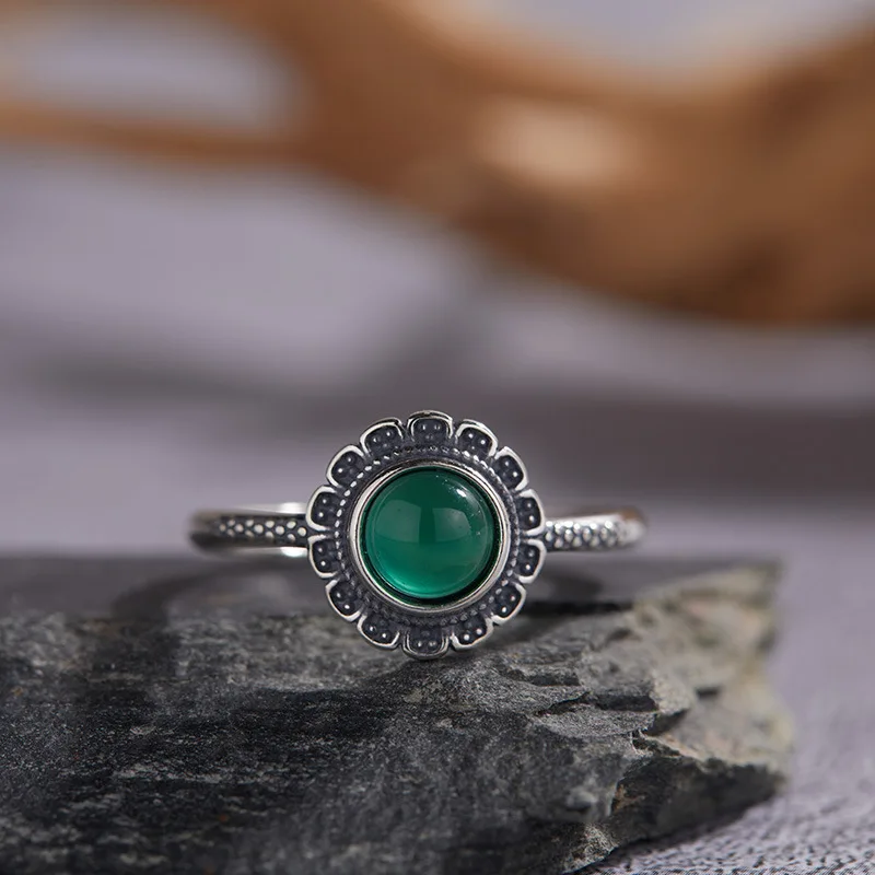 New Retro S925 Sterling Silver Ring for Women Natural Agate Color Treasure Flower Thai Silver Ring Fashionable Ethnic Style