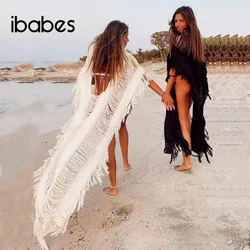 Knitted Beach Bikini Cover Ups Sleeveless Tassel Solid Cloak Dress 2023 Summer Holiday Sexy Hollow Out Beach Bathing Vestidos