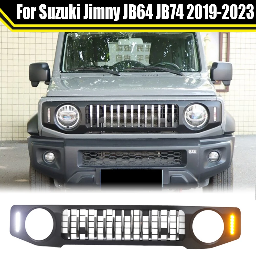 Car Front Bumper Grille With LED Lamps For Suzuki Jimny JB64 JB74 2019-2023 Racing Grill Mask Radiator Grills Upper Grid Cover