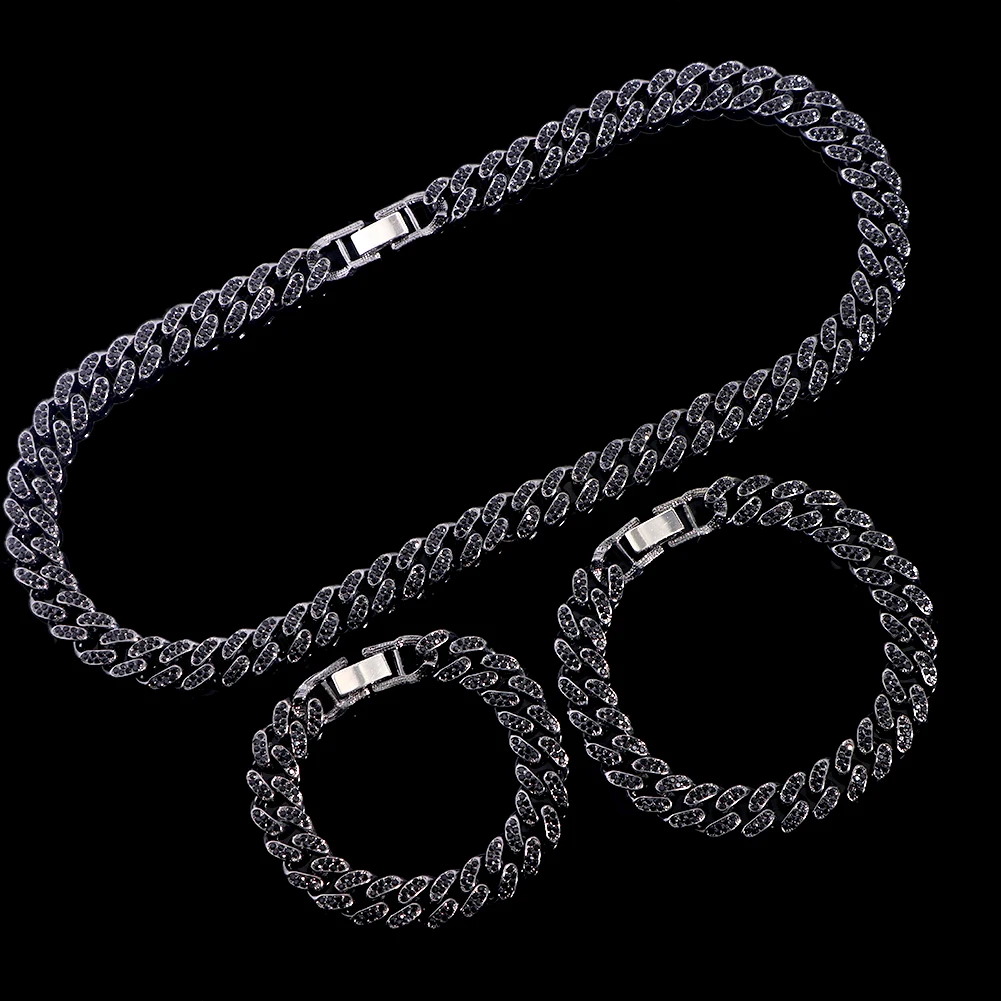13mm Black Rhinestone Cuban Chain Necklace For Women Men Hip Hop Iced Out Crystal Link Chain Chunky Choker Necklace Punk Jewelry