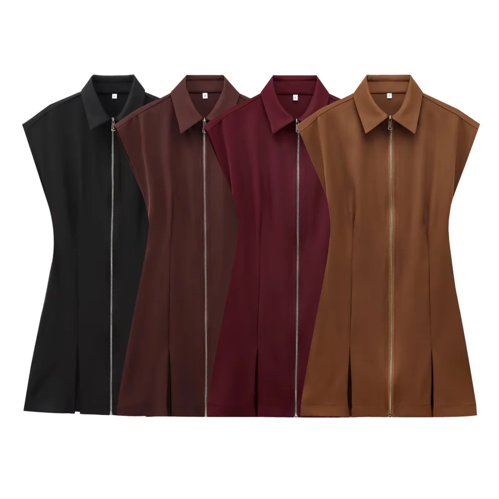 

2025 BM MD ZA Women's Sleeveless Collared Dresses in Black Maroon Red and Brown with Zipper and Slit Details Stylish and Functio