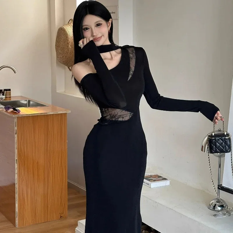 

Кружевное платье с косыми плечами и темпераментом, банкетное трикотажное тонкое облегающее бедра длинная юбка XQ337