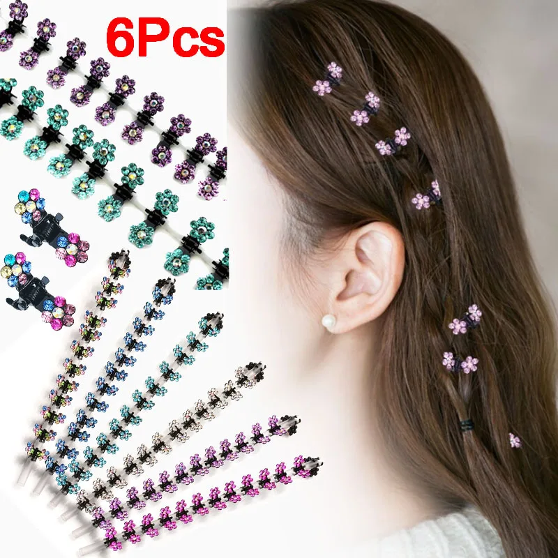 6pcs Crystal Rhinestone Hair Clips Small Clip Women Headwear No-Slip Metal Hairpin Sweet Girl Glitter Hair Claw Hair Accessories