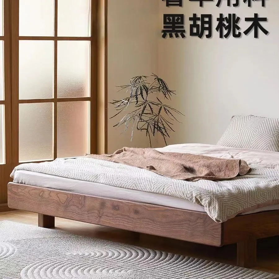 

Customizable Nordic tatami black walnut home small apartment without bedside suspended bed double master bedroom