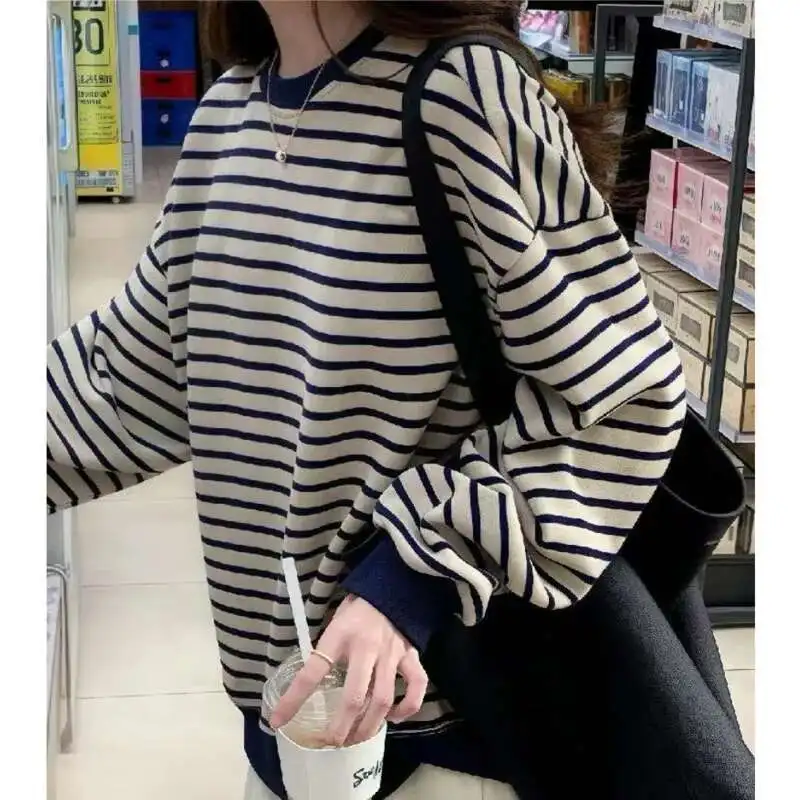 

Round Striped Neck Sweatshirts For Women Spring Retro Loose Unique Fashionable Versatile Comfort Simple Long Sleeved Hoodie Top