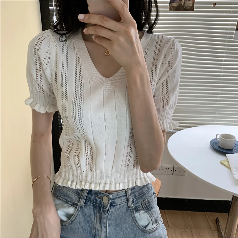 Haut court en tricot à froufrous pour femmes, pulls à col en V à manches courtes, tenue esthétique pour adolescentes, Y-été, Y2K