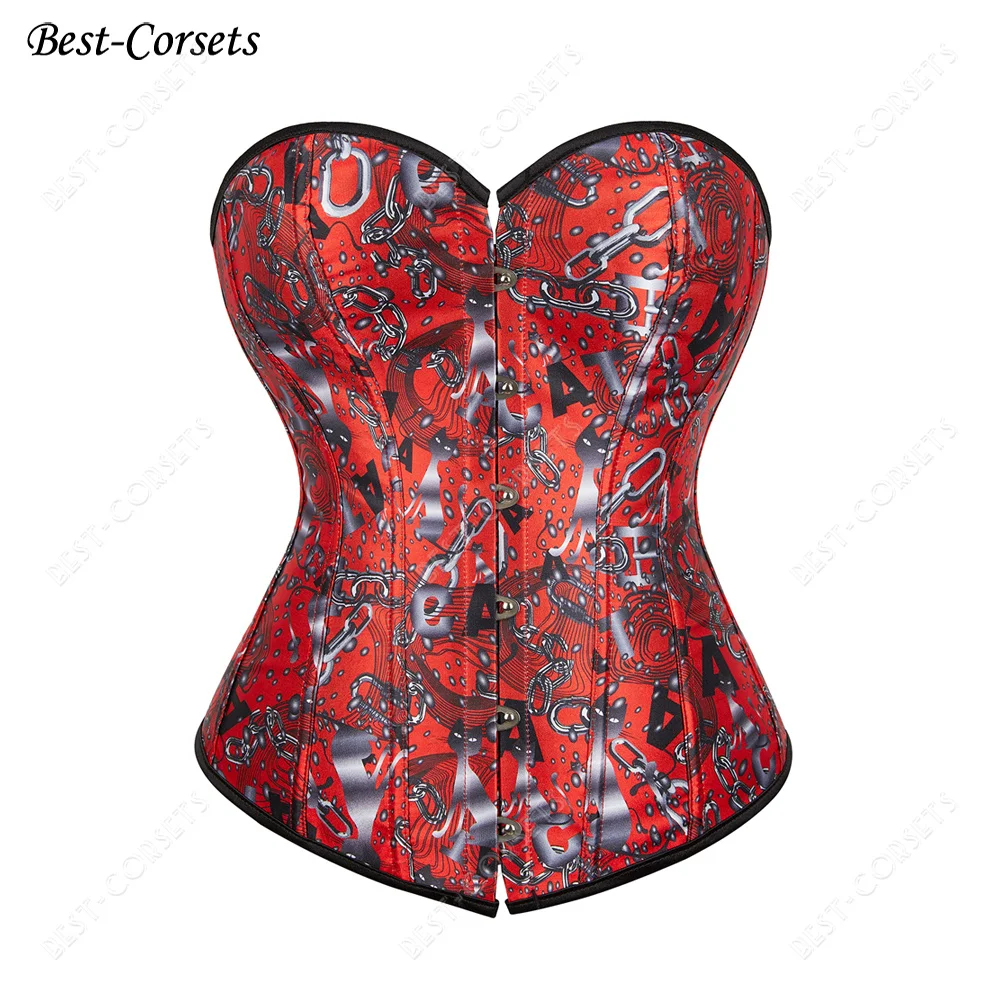 Corset Plus Size Steampunk Halloween Costume for Women Gothic Bustier  Print Chain Punk Style Overbust Corset Brown Red Black