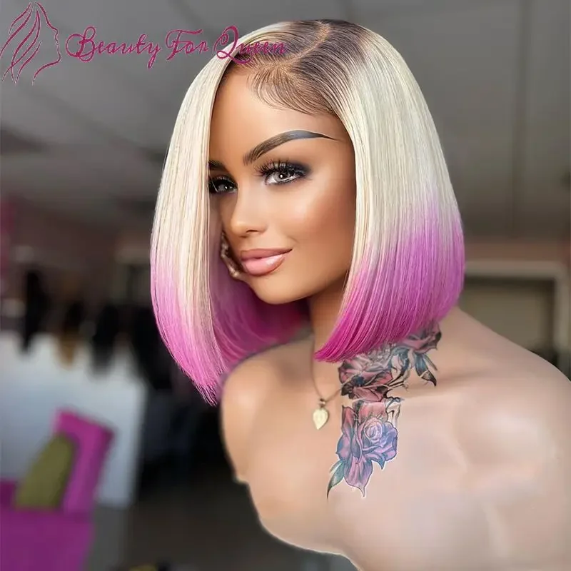 Short Wig Daily Wear Synthetic Heat Resistant Honey Pink Ombre Loose Wave HD Lace Front Wig Glueless Human Hair Wig Crafted