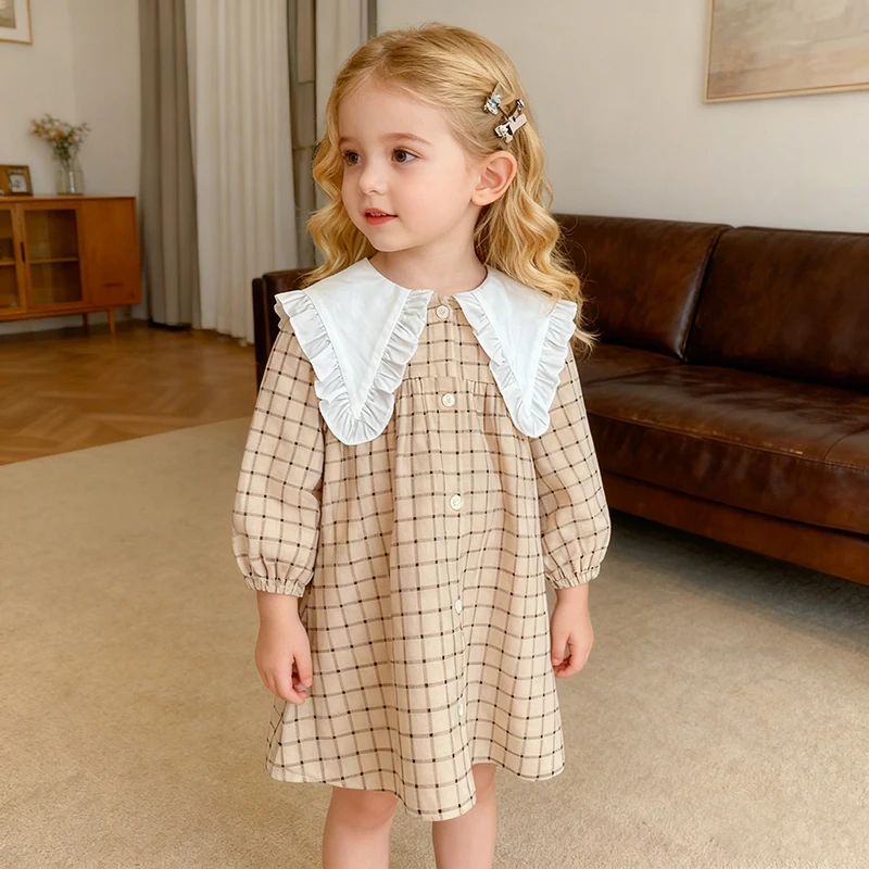 2026 neue Frühjahr Kinder Kleidung Mädchen Party Baumwolle Stickerei Kleid 2-6Yrs Lange Ärmeln Plaid Kinder Prinzessin Große Revers Kleider