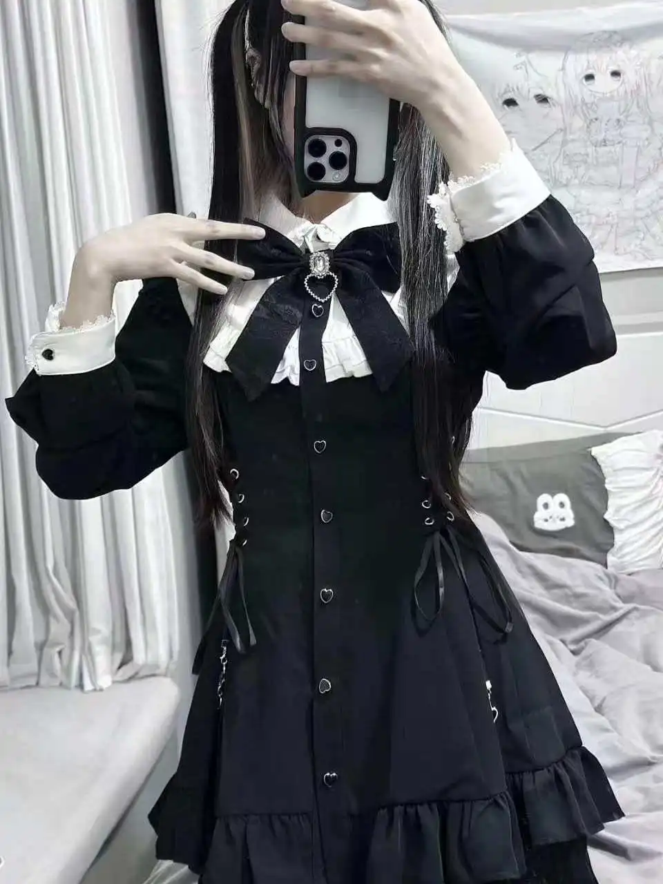 Subcultural Dark Style Black and White Bow Long Sleeved Dress with Cinched Waist and Ruffled Edges Lolita Skirt Two-piece Set