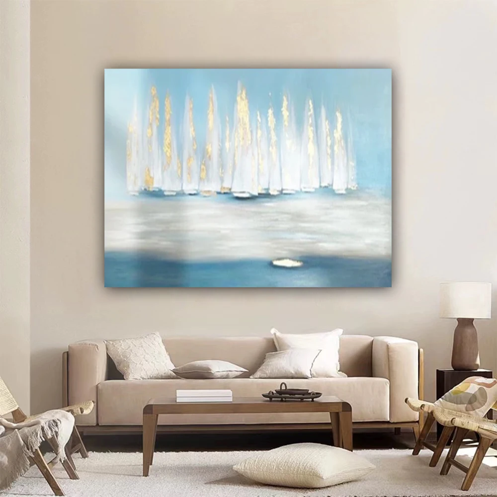 Custom Home Decor Canvas Artwork Sunset on The Sea Sailboat Natural Landscape Oil Paintings Decor Living Room Wall Art Pictures