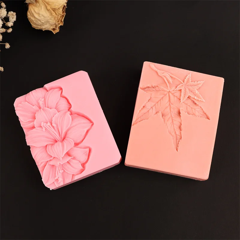 Floral Embossed Silicone Soap Mold, Rectangle Peony Chrysanthemum Orchid Maple Leaf Relief Mold DIY Soap Candle Resin Plaster view 4