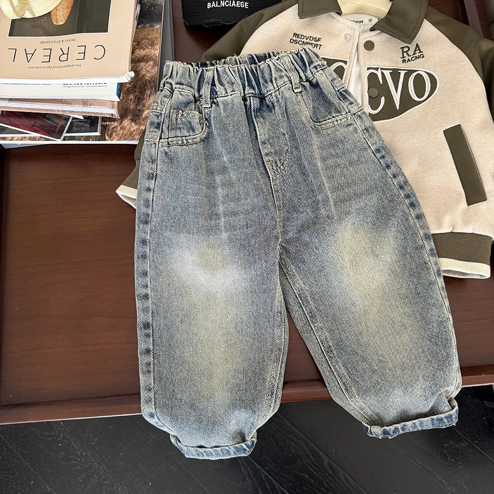 Childrens Pants Spring and Autumn New Straight Tube Retro Denim Embroidered Wide Leg Pants Versatile Daily Casual Wear