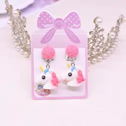 Cute Candy Color Pink Flower Unicorn Clip on Earrings for Children No Pierced Earrings