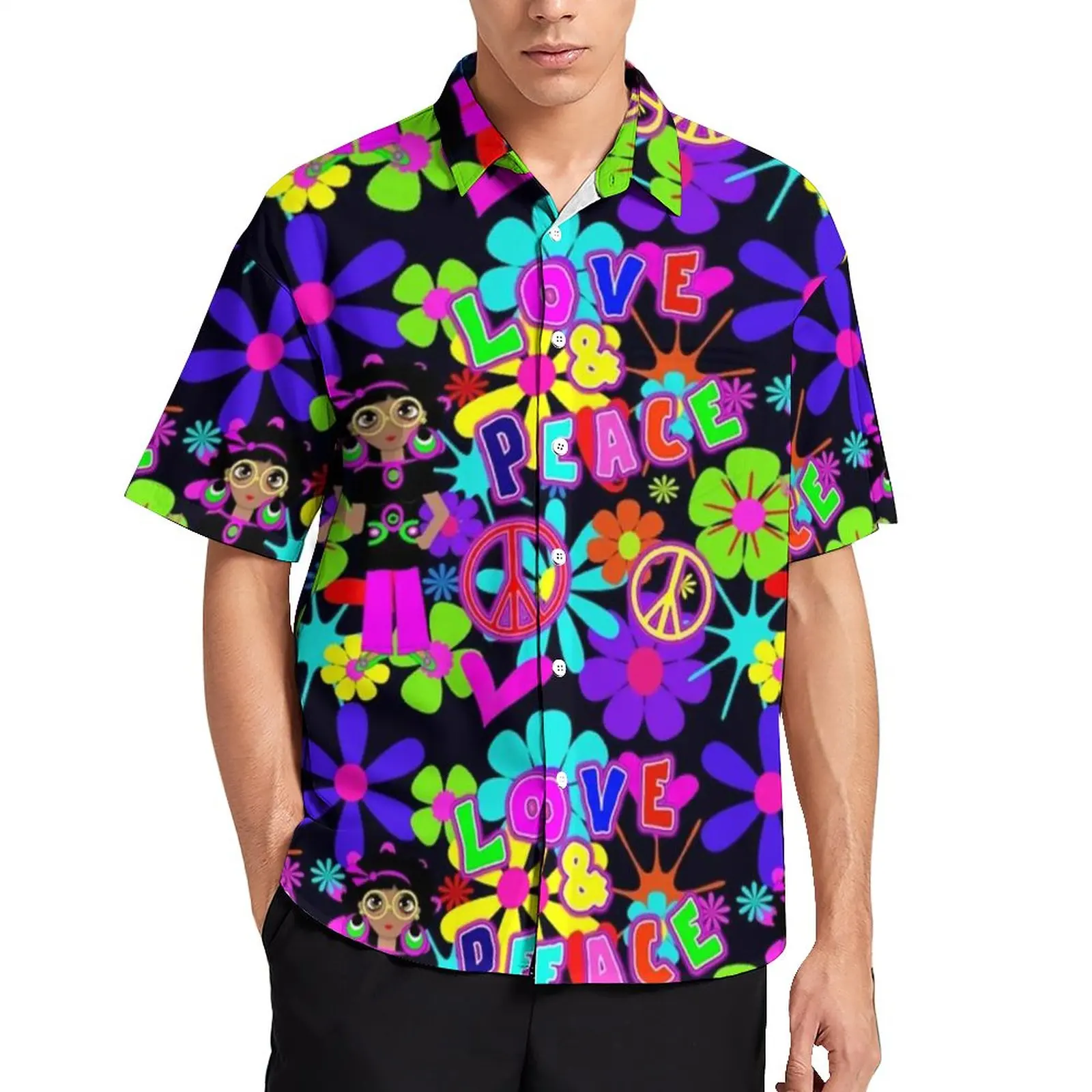 Hippie Flower Power Casual Shirt Male Peace Colorful 60s Retro Summer Shirt Cool Blouses Short Sleeve Oversized