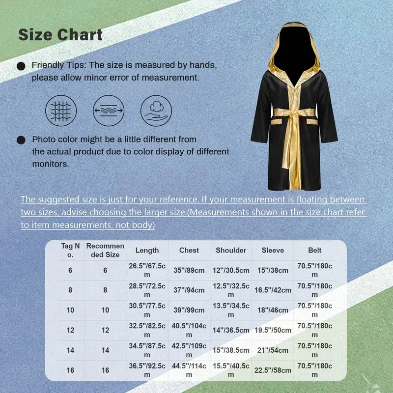 Kids Boys Boxing Robe Halloween Party Boxer Cosplay Costume Long Sleeve Open Front Metallic Trim Satin Hooded Cloak with Belt FH