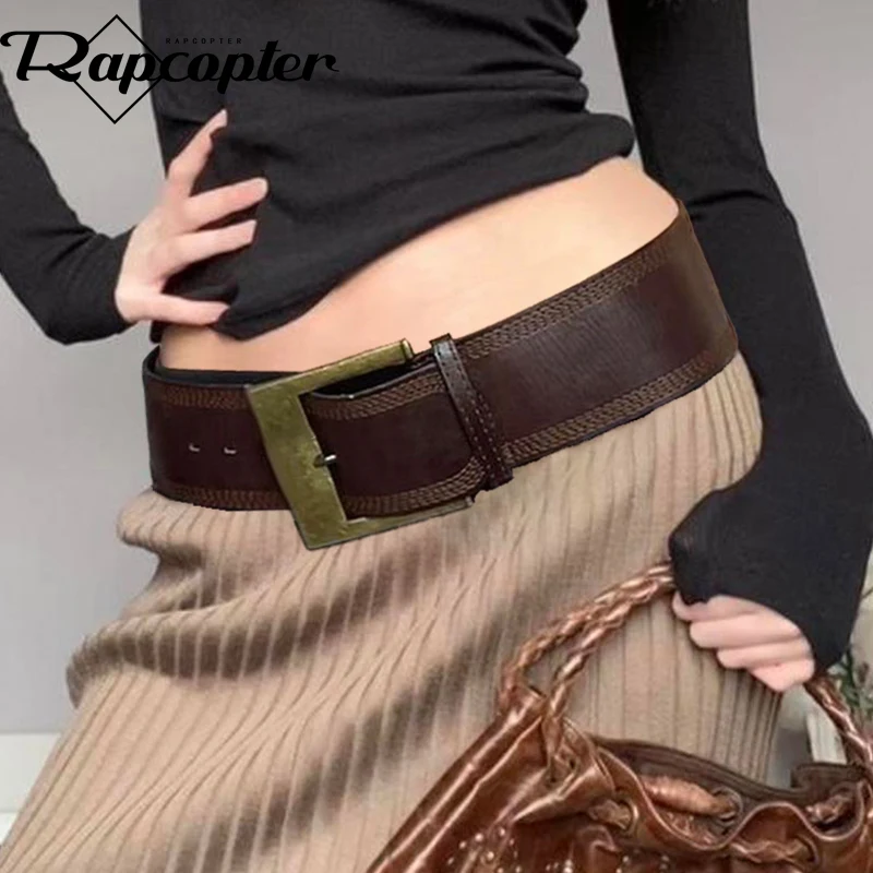 Rapcopter Brown Vintage Basic Belt Adjustable Streetwear Harajuku Decorative Concave-shaped Belt Women Casual Punk Korean Sashes