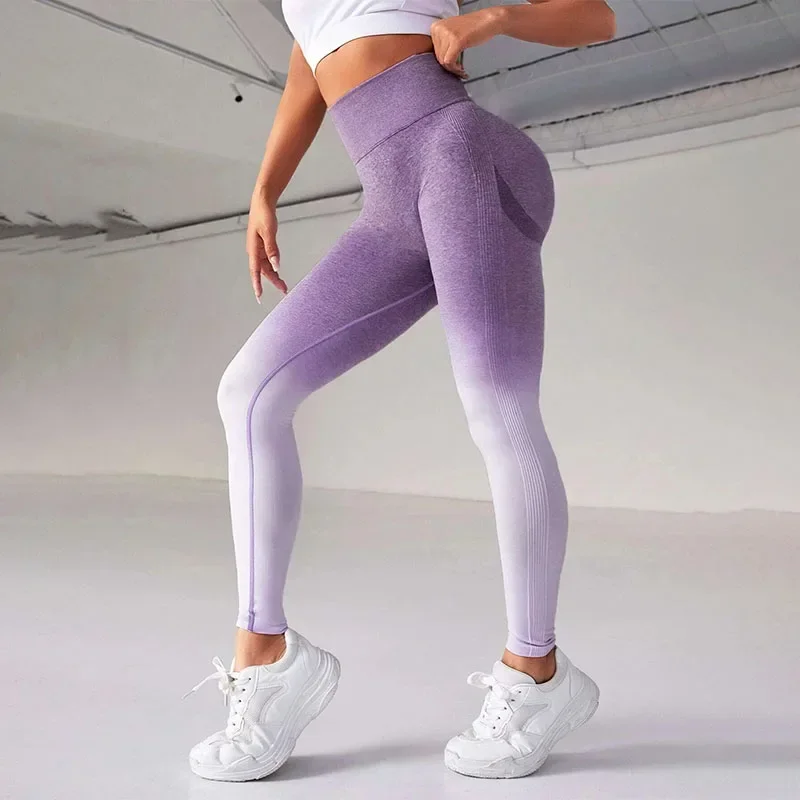 Women High Waist Leggings Gradients Seamless Leggings Slim Hip Liftting Fitness Pants High Elastic Fashion Gym Workout Tights