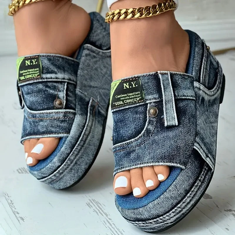Platform Women Slippers New Summer Elegant Denim Sandals Comfortable Slip on Shoes Beach Walking Slippers Casual Slides Women - Image 5