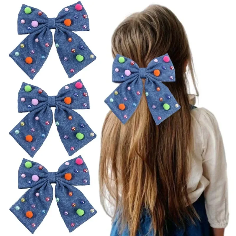 

ncmama 4.5'' Cowboy-colth Hair Bow Clips Pearl Bowknote Hairpin for Kids Girls Solid Big Bows Barrettes Fashion Hair Accessories